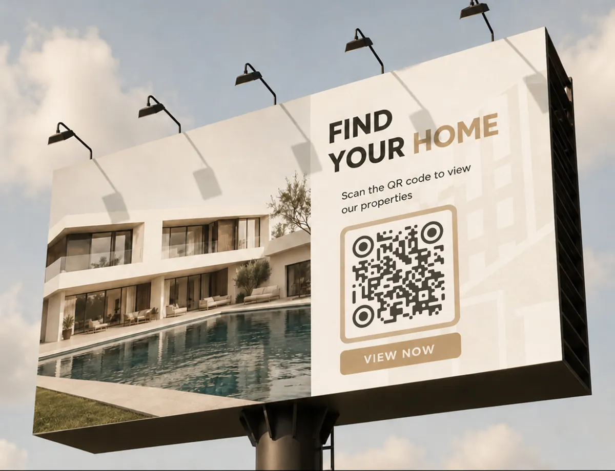 A roadside billboard reading “Find your home” with a modern house, a QR code and a “view now” button to browse properties