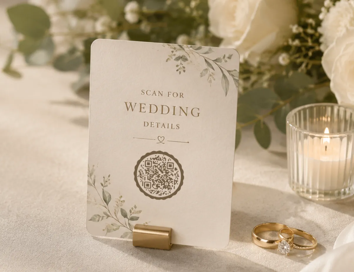 A wedding table card on a gold stand reading “scan for wedding details” with a round QR code, beside eucalyptus, gold rings and a lit candle