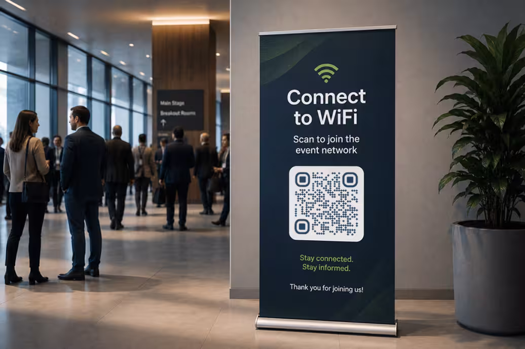 A tall roll-up banner in a conference lobby reading “Connect to WiFi - scan to join the event network” above a large QR code