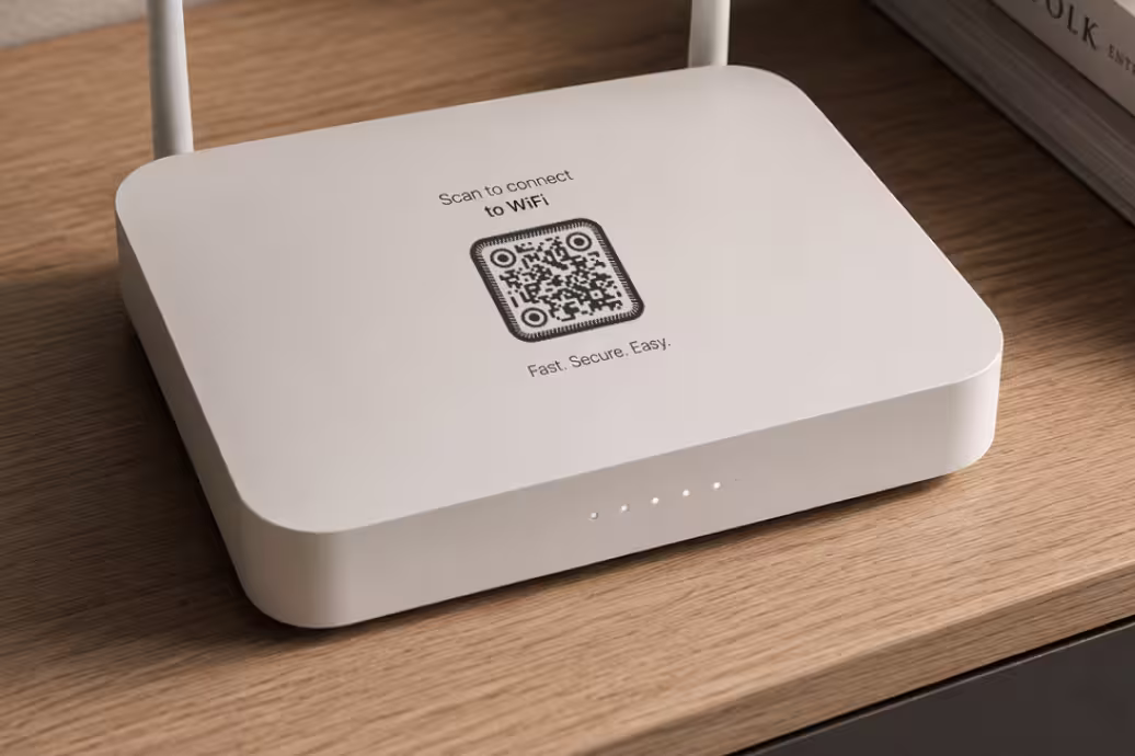 A white WiFi router on a wood desk with “Scan to connect to WiFi” and a QR code printed on its top