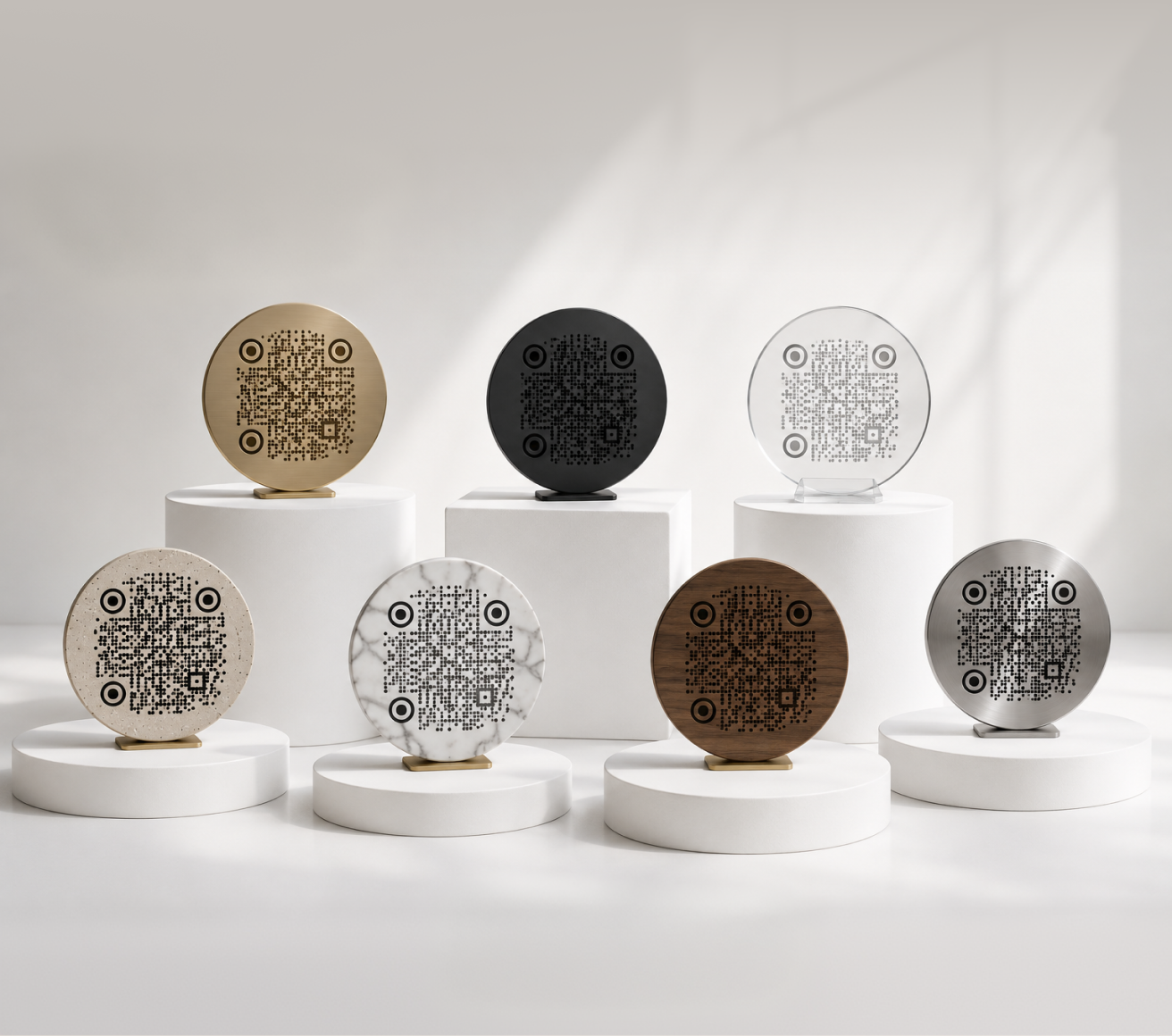 QR codes in circular shapes on display stands